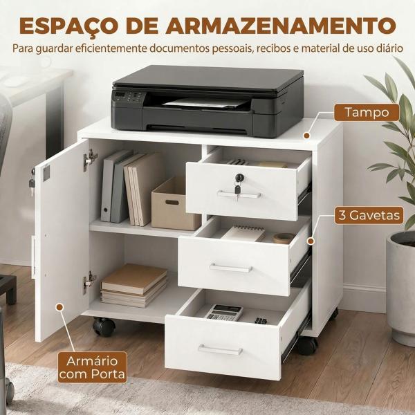 Móvel para Impressora com Rodas, Mesa com Porta e 3 Gavetas, Fechaduras, Prateleira Ajustável, Branco