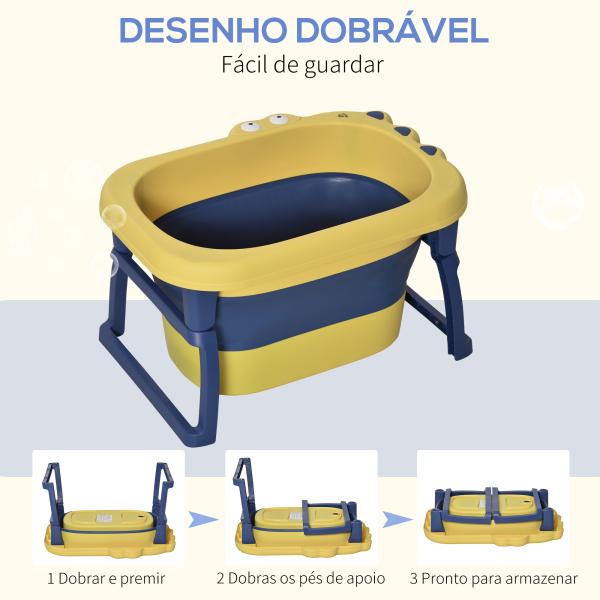 Banheira Dobrável para Bebé de 0 - 6 Anos Capacidade 105L Banheira Portátil para Crianças 75,3x55,4x43cm Amarelo e Azul