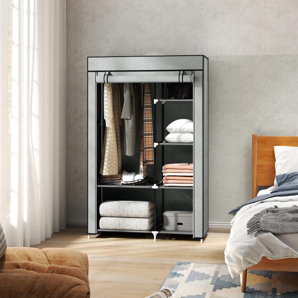 Roupeiro de Tecido Dobrável com 6 Prateleiras e 1 Barra de Pendurar para Dormitório Vestidor 103x43x162,5cm Cinza
