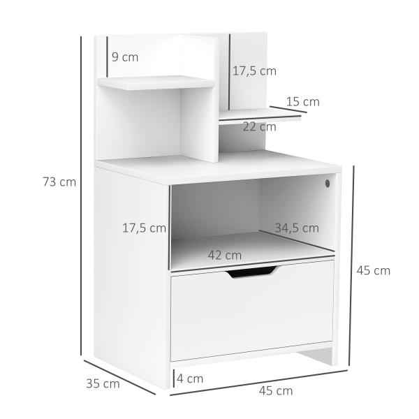 Mesa de Cabeceira de Madeira Moderna com Gaveta e Prateleiras de Armazenamento 45x35x73 cm Branco