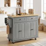 Ilha de Cozinha com Rodas 2 Gavetas 4 Portas Suporte para Temperos e Barra Lateral 111x44,5x82,5 cm Cinzento e Madeira