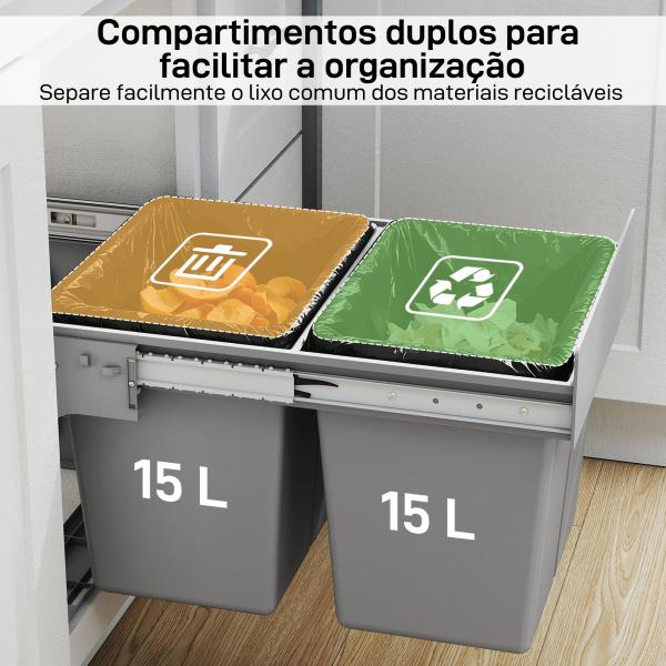 Balde de Lixo Embitido com 2 Recipientes Removíveis para Reciclagem Capacidade Total 30L (15Lx2) 48x34,3x35,1 cm Cinzento Claro