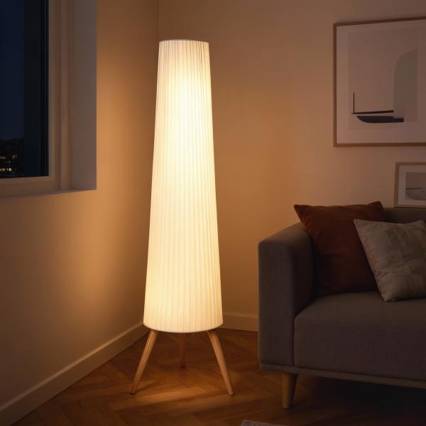 Candeeiro de Pé com Tripé Brilho Ajustável 3 Níveis Interruptor de Pé Pernas de Madeira e Ecrã de Tecido 46x46x153 cm Branco