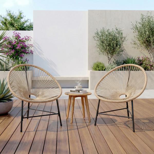 Conjunto de 2 Cadeiras Acapulco de Jardim em Vime Sintético Cadeiras para Exterior com Estrutura de Aço Madeira