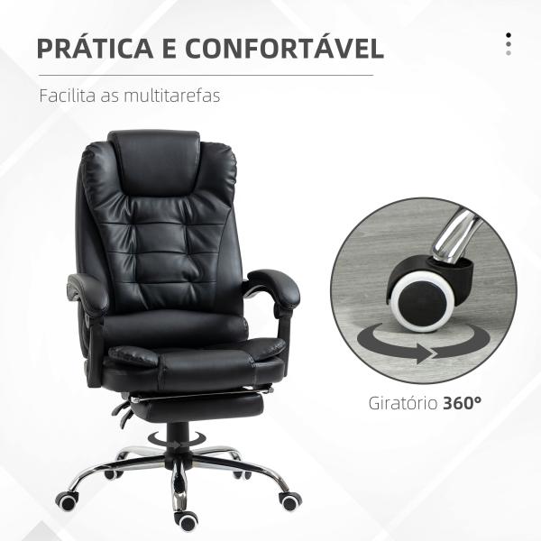 Cadeira de Escritório Reclinável Cadeira Executiva Giratória com Altura Ajustável Estofada em PU 64,5x69x109 - 117 cm Preto