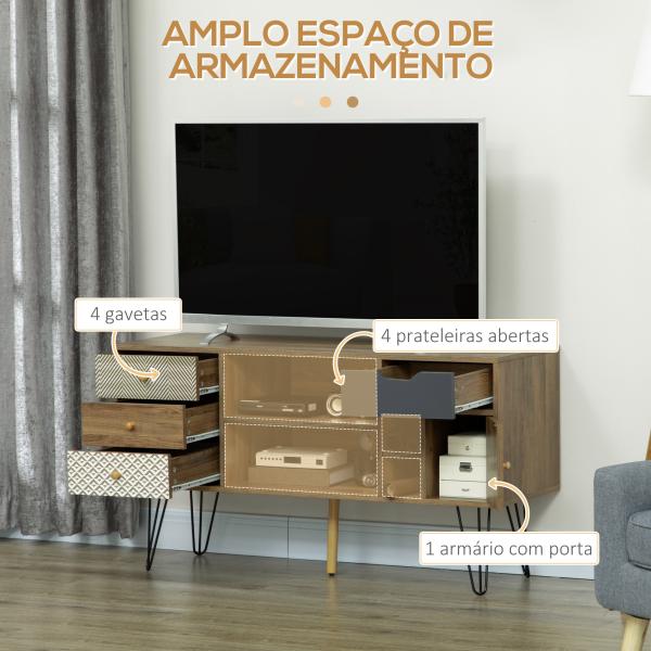 Móvel de TV com Prateleira de Armazenamento 4 Gavetas e Pés de Metal para Televisores de até 50 Polegadas 120x39x64cm Marrom