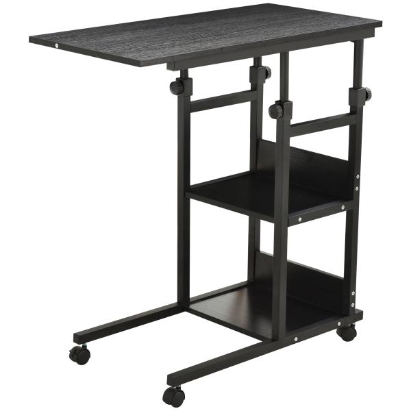 Mesa Lateral para Sofá Mesa lateral em Forma de C com 4 rodas Giratórias Freios Altura Ajustável 3 níveis Estrutura Metálica 80x40x72 - 82cm Preto