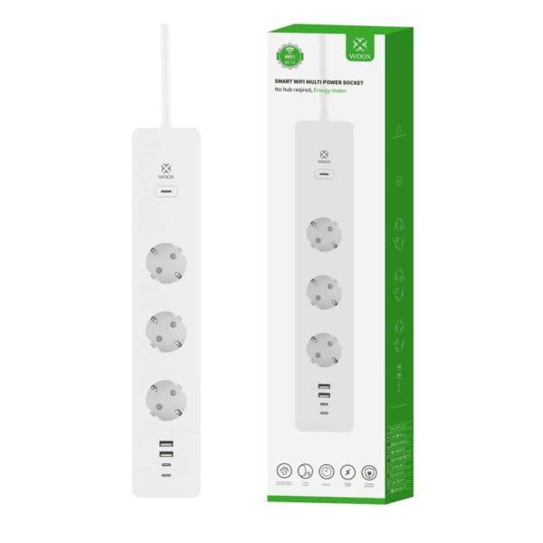 Tomada de proteção Woox R6132, 3x Schuko, 2x USB - A e 2x USB - C, inteligente com medidor de energia — Recondicionado
