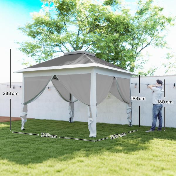 Tenda Dobrável 3,3x3,3 m Pop - up Altura Ajustável Teto Duplo Mosquiteiras Removíveis e Bolsa de Transporte Anti - UV Cinzento