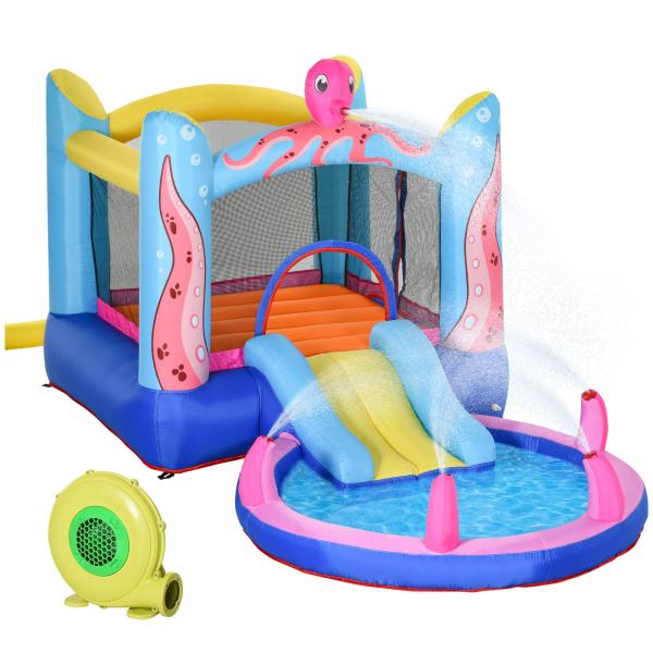 Castelo Insuflável com Escorrega Trampolim e Piscina para Crianças acima de 3 Anos Inclui Insuflador e Bolsa de Transporte para Interior e Exterior 360x175x180cm Multicor