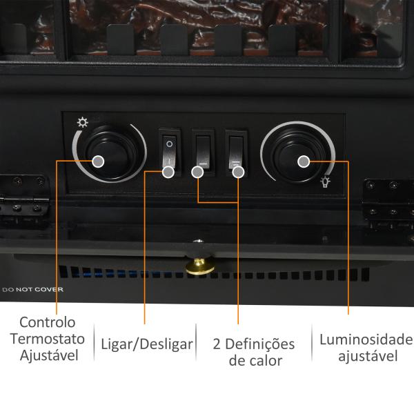 Lareira Elétrica Portátil 1000/2000W com Efeito de Chama Realista Termostato para Ambientes entre 15 - 20m² 45x28x54cm Preto