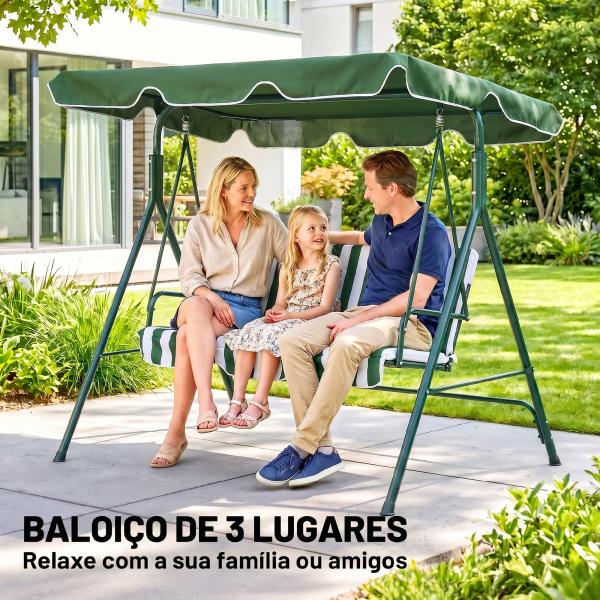 Baloiço de Jardim de 3 Lugares com Almofada Toldo Ajustável e Estrutura de Metal 172x110x153cm Verde e Branco