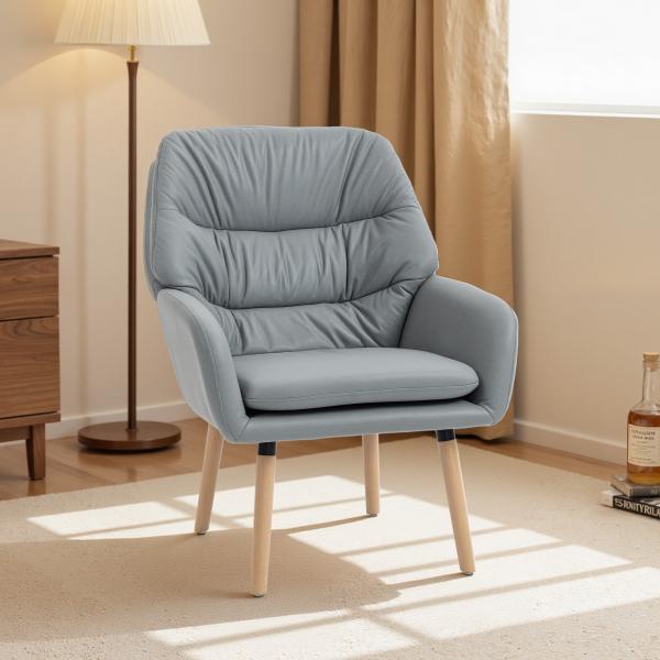 Poltrona de Sala de Estar Moderna Acolchoada de Dupla Camada Estofada em Couro Sintético Pés de Madeira 68x74x89 cm Cinza