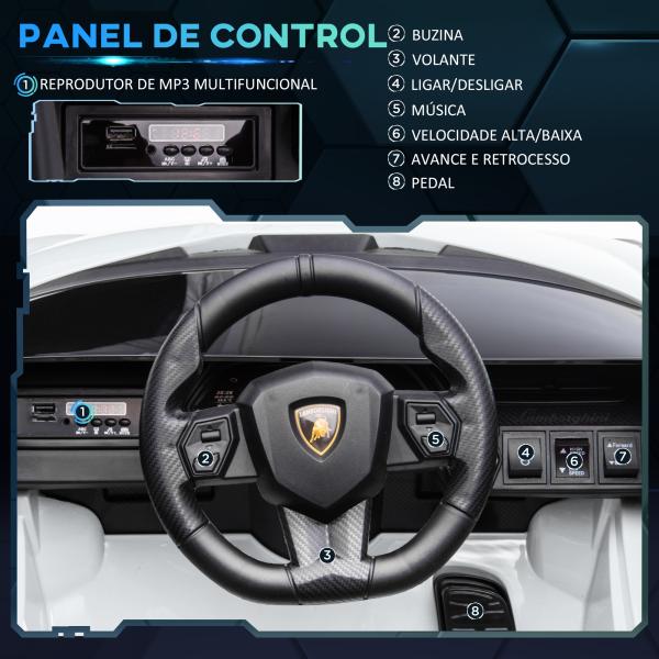 Carro Elétrico Lamborghini SIAN 12V com Controle Remoto Abertura da Porta Música MP3 USB e Faróis 108x62x40 cm Branco