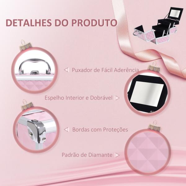 Estojo de Maquilhagem Organizador Cosméticos Profissional 20x15x15cm rosa