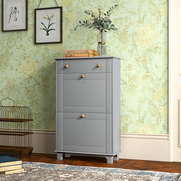 Sapateira Móvel Sapateira Estreita com 2 Portas e 1 Gaveta para 8 Pares de Sapatos 60x23,5x98,5 cm Cinzento