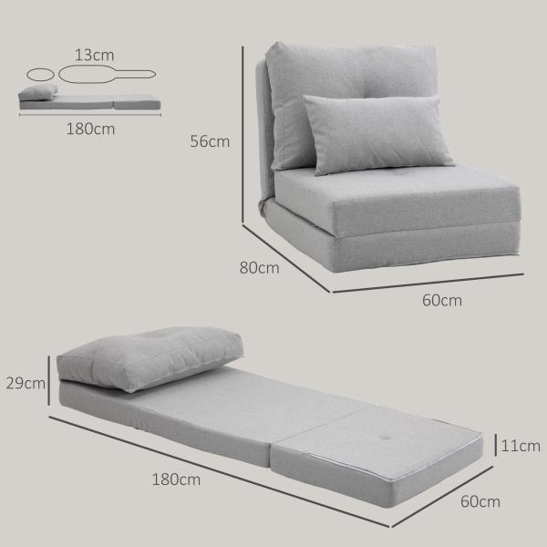 Sofá - Cama Individual Dobrável Revestido em Linho com Encosto Ajustável 5 Posições 1 Almofada Cinzento Claro
