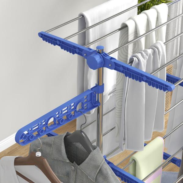 Estendal para Roupa Dobrável 80x55x152cm com 6 Rodas e 3 Prateleiras com Altura Ajustável de Aço Inoxidável Prata e Azul