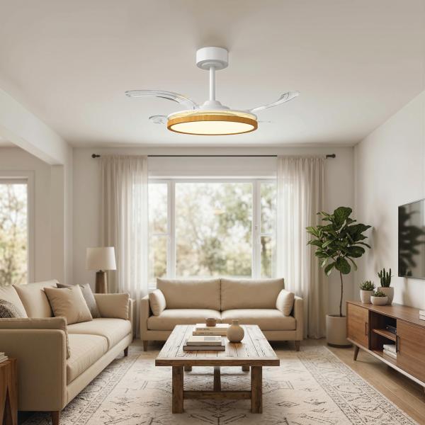 Ventoinha de Teto com Luz LED 80 W Motor DC Reversível Controlo Remoto 6 Velocidades Temporizador Ø95 cm Branco e Madeira