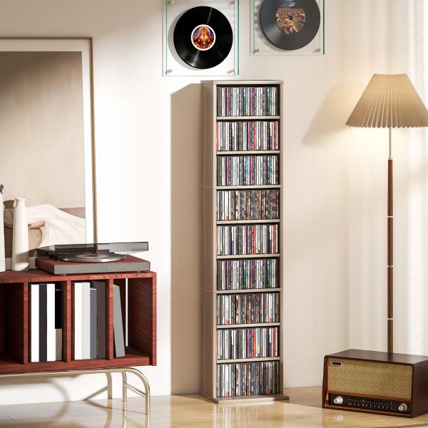 Estante para CDs e DVDs Suportes para CD Estreitos com 9 Compartimentos Prateleiras Ajustáveis 33x24x140 cm Madeira