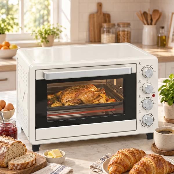 Forno Elétrico de Bancada 32L 1600W com 3 Modos de Calor, Temporizador e Temperatura Regulável, 52,2x38,1x33,5 cm, Creme