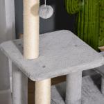 Arranhador para Gatos Altura 114 cm com Postes de Sisal 3 Plataformas Caverna e 2 Bolas Suspensas Cinza Claro