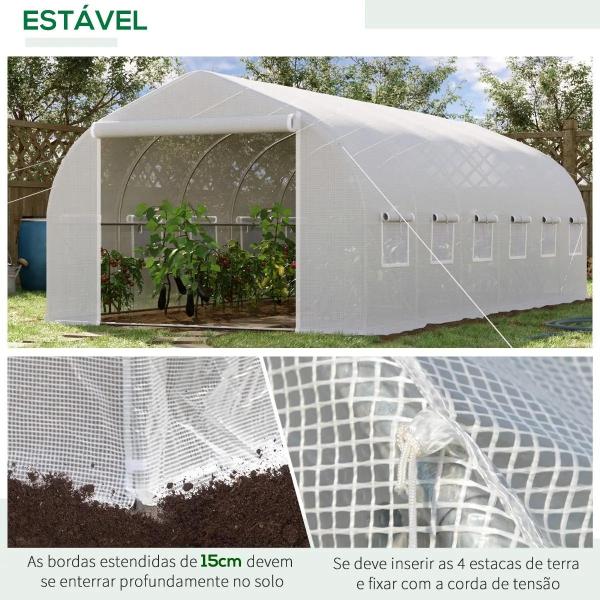 Estufa Tipo Túnel 595x300x200cm Estufa de Jardim Grande com 12 Janelas e Porta Enrolável com Zíper para Cultivo de Plantas Branco