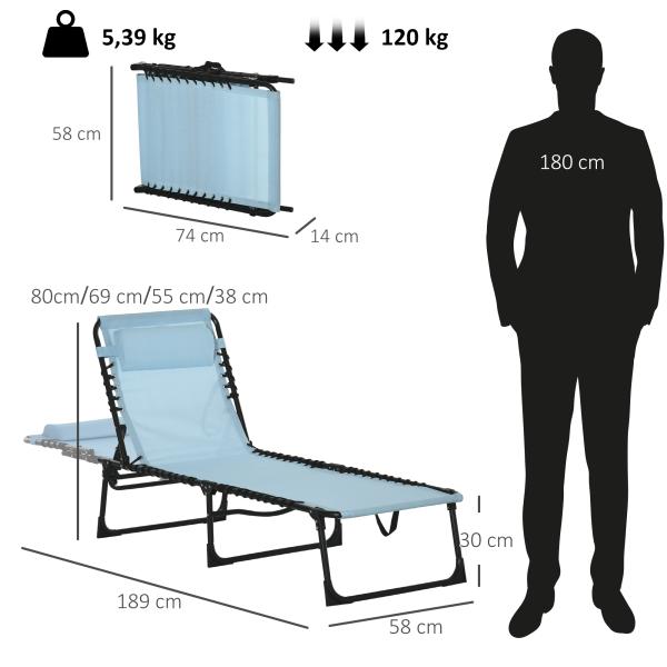 Espreguiçadeira Dobrável com Apoio de Cabeça Reclinável 4 Posições e Estrutura em Aço 189x58x30 cm Azul Claro