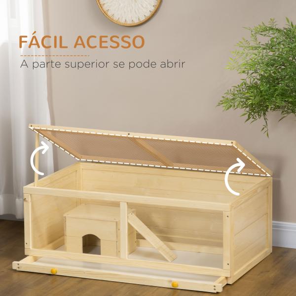 Gaiola para Hamster de Madeira Casa para Roedores com Tampa Abatível Painel de Acrílico Bandeja Amovível 100x58x38cm Madeira