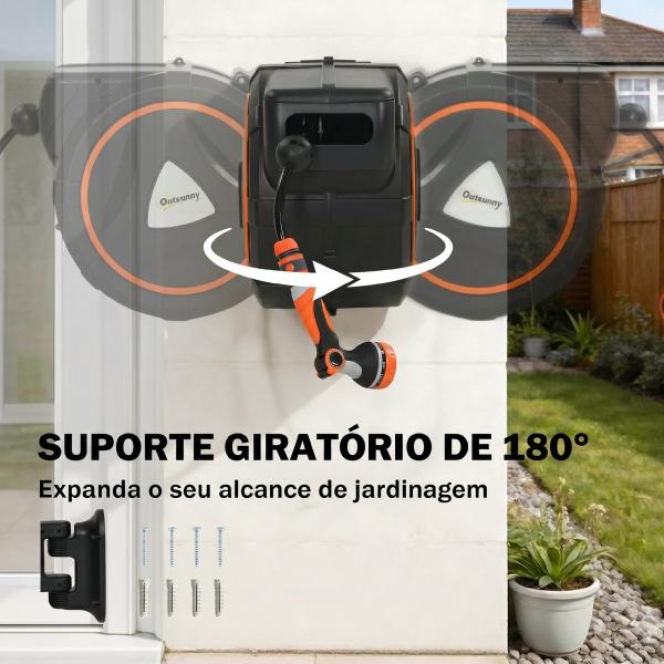 Carretel de Mangueira Retrátil 23+2 m com 12 Modos de Pulverização Bloqueio Automático Retração Controlada Suporte Laranja