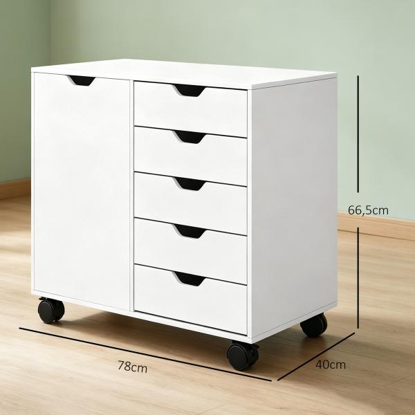 Gaveteiro de Escritório com Rodas, 5 Gavetas, Prateleira Ajustável e Suporte para Impressora, 78x40x66,5 cm, Branco