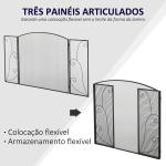 Frente para Lareira de 3 Painéis Dobrável com Dobradiças Estrutura Metálica e Malha Decorativa 132,5x76,5cm Preto