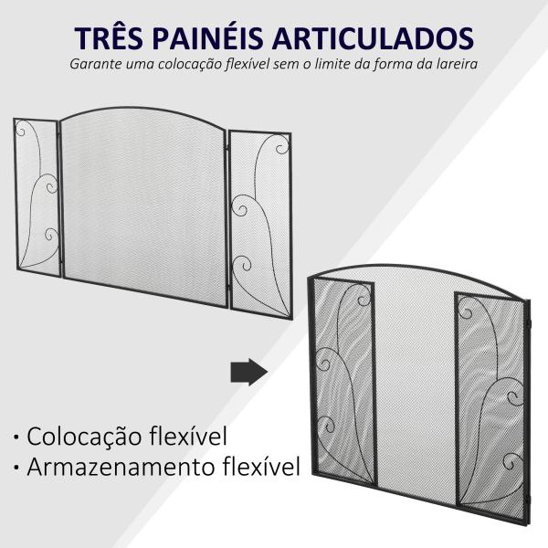 Frente para Lareira de 3 Painéis Dobrável com Dobradiças Estrutura Metálica e Malha Decorativa 132,5x76,5cm Preto
