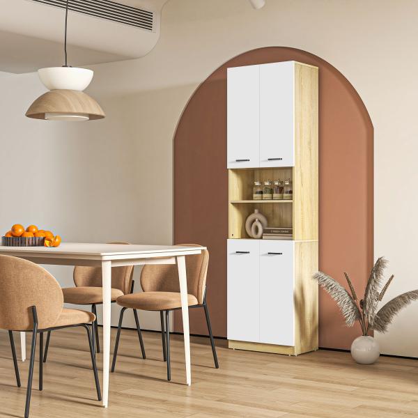 Coluna Casa de Banho Armário Alto Casa de Banho com 4 Portas 2 Prateleiras Abertas e Ajustáveis 53x33,5x195,7 cm Branco e Madeira