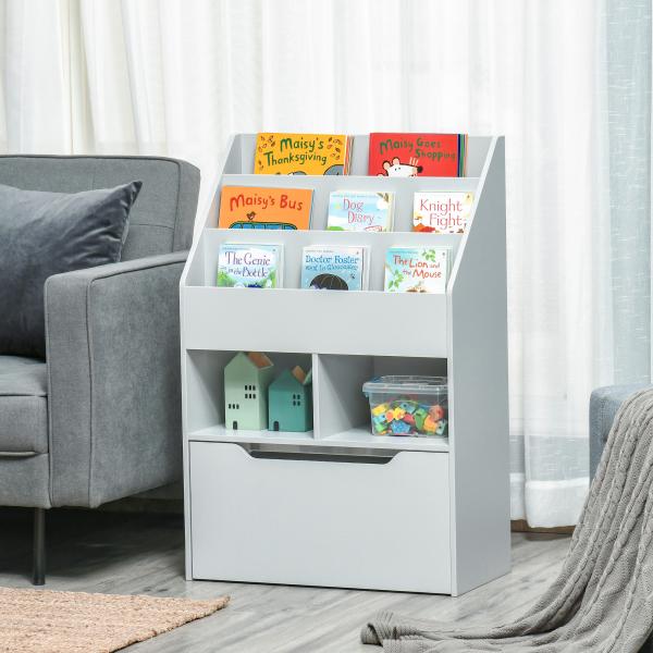 Estante de Madeira para Brinquedos com 3 Compartimentos 2 Prateleiras e Gaveta Móvel com 4 Rodas 60x29,9x90cm Cinza