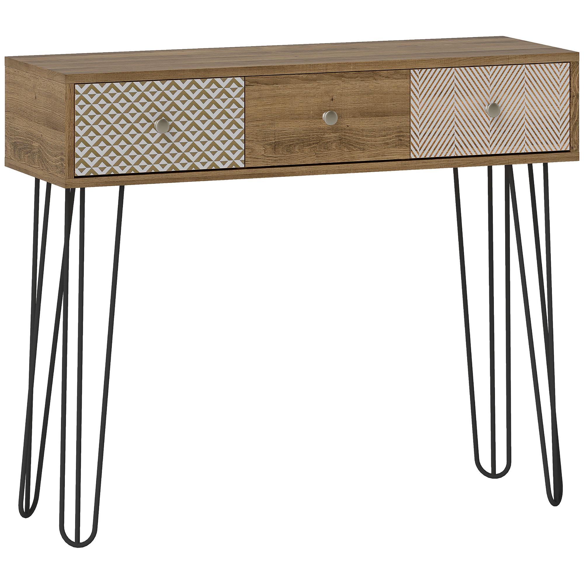 Mesa Consola com 3 Gavetas Consola Estreita para Entrada com Pés de Aço 90x30x75 cm Madeira