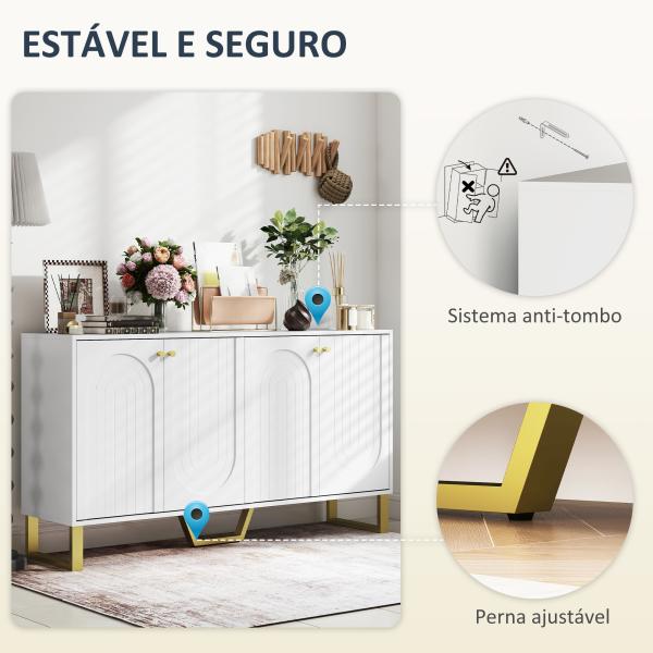 Aparador Moderno para Sala de Estar com Prateleiras Ajustáveis e Pés Dourados Móvel para TV até 65 Polegadas 140,8x35x77,5 cm Branco