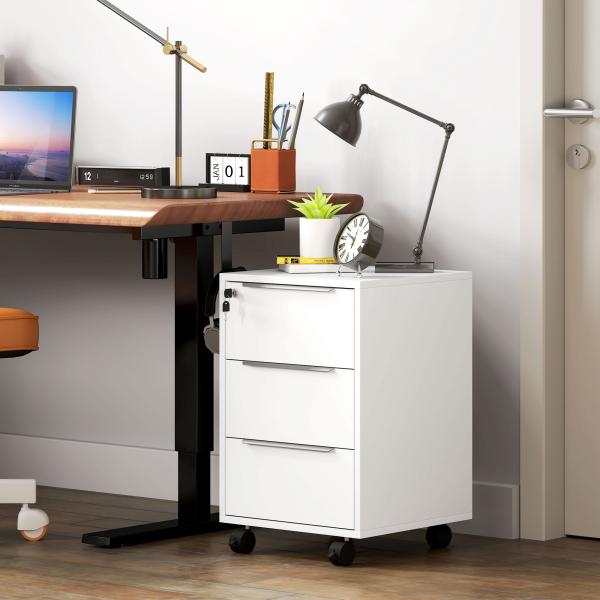 Arquivador Móvel de Escritório com 3 Gavetas Fechadura Rodas e Travão para Documentos 40x40x63,5 cm Branco