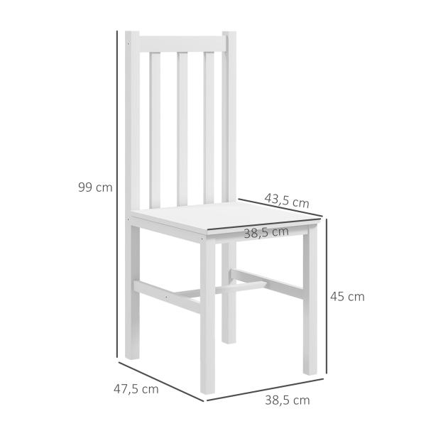 Conjunto de 2 Cadeiras de Sala de Jantar com Encosto de Ripas Estrutura de Madeira de Pinho 38,5x47,5x99 cm Branco
