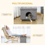 Caverna para Gatos 2 em 1 Banco para Apoio dos Pés com Tampa Removível Orifício de Entrada Almofada Lavável e Pés Elevados de Madeira para Interior 60x45x44,5cm Cinza