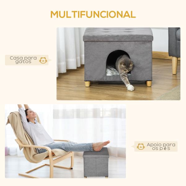 Caverna para Gatos 2 em 1 Banco para Apoio dos Pés com Tampa Removível Orifício de Entrada Almofada Lavável e Pés Elevados de Madeira para Interior 60x45x44,5cm Cinza