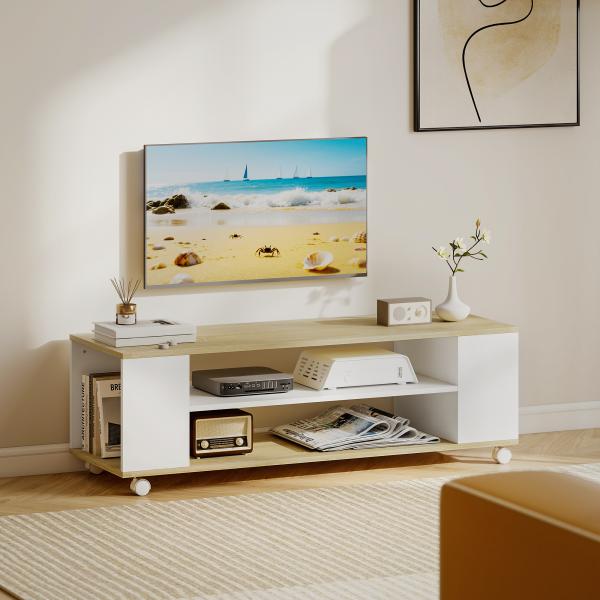 Móvel para TV com Rodas Armário para TV Flutuante com 2 Portas e 2 Prateleiras 120x40x38,5cm Branco e Madeira