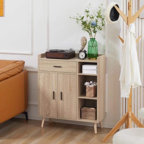 Aparador Moderno com 2 Portas 1 Gaveta e 3 Prateleiras Abertas Aparador Auxiliar de Armazenamento 80x30x96,5cm Madeira