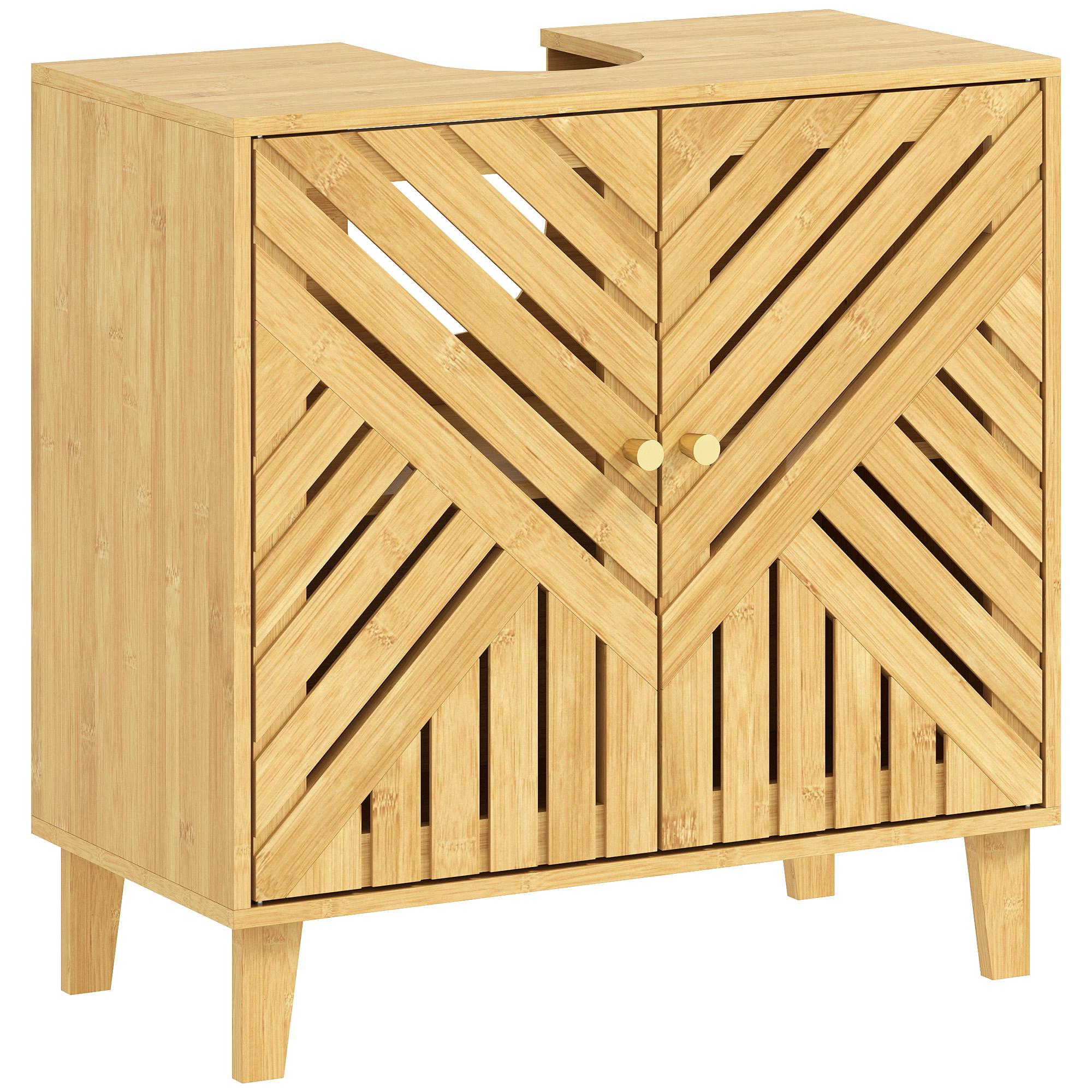 Móvel para Lavatório Pousar em Bambu com Portas Ripadas Armário de Casa de Banho para Lavatório sem Pedestal 60x30x60 cm Madeira