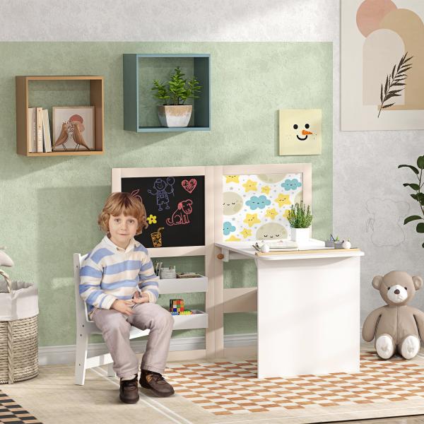 Mesa e Cadeira Infantil Mesa para Crianças com Cadeira Ardósias Dobrável Prateleiras e Rolo de Papel Branco