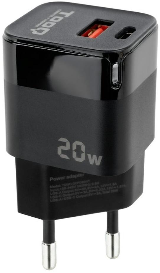 Carregador USB - C/PD 20W + USB - A/QC 20W (Preto) - TOOQ