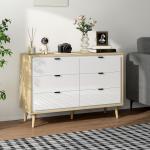Cómoda 6 Gavetas Cómoda Quarto com Pernas de Madeira Estilo Moderno 110x40x75 cm Branco Brilhante e Carvalho