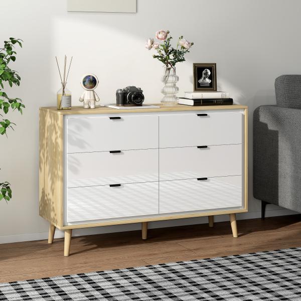 Cómoda 6 Gavetas Cómoda Quarto com Pernas de Madeira Estilo Moderno 110x40x75 cm Branco Brilhante e Carvalho