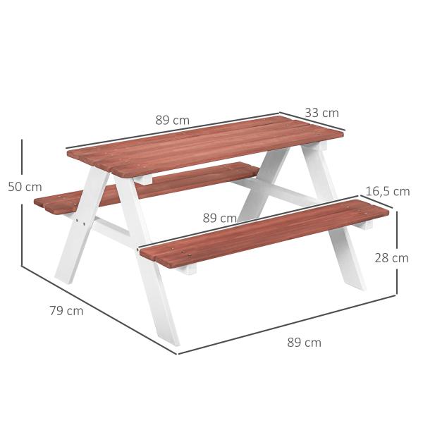 Conjunto de Mesa e 2 Bancos Infantil de Madeira Mesa de Piquenique para Crianças de 3 - 8 Anos 89x79x50 cm Marrom e Branco