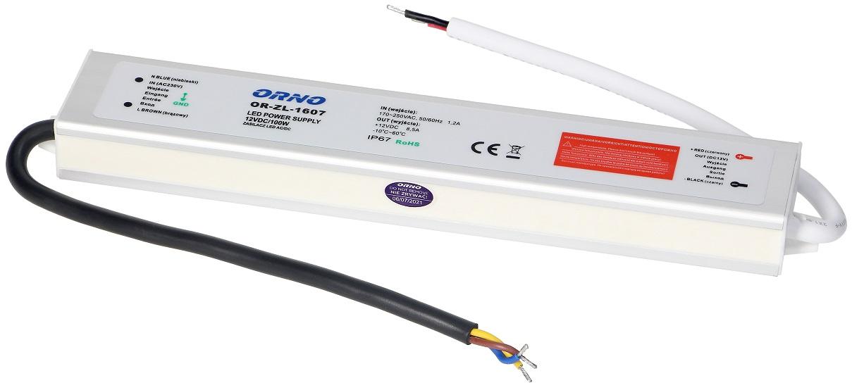 Fonte Alimentação Estanque IP67 12V DC 8,5A 100W c/ Fios - ORNO